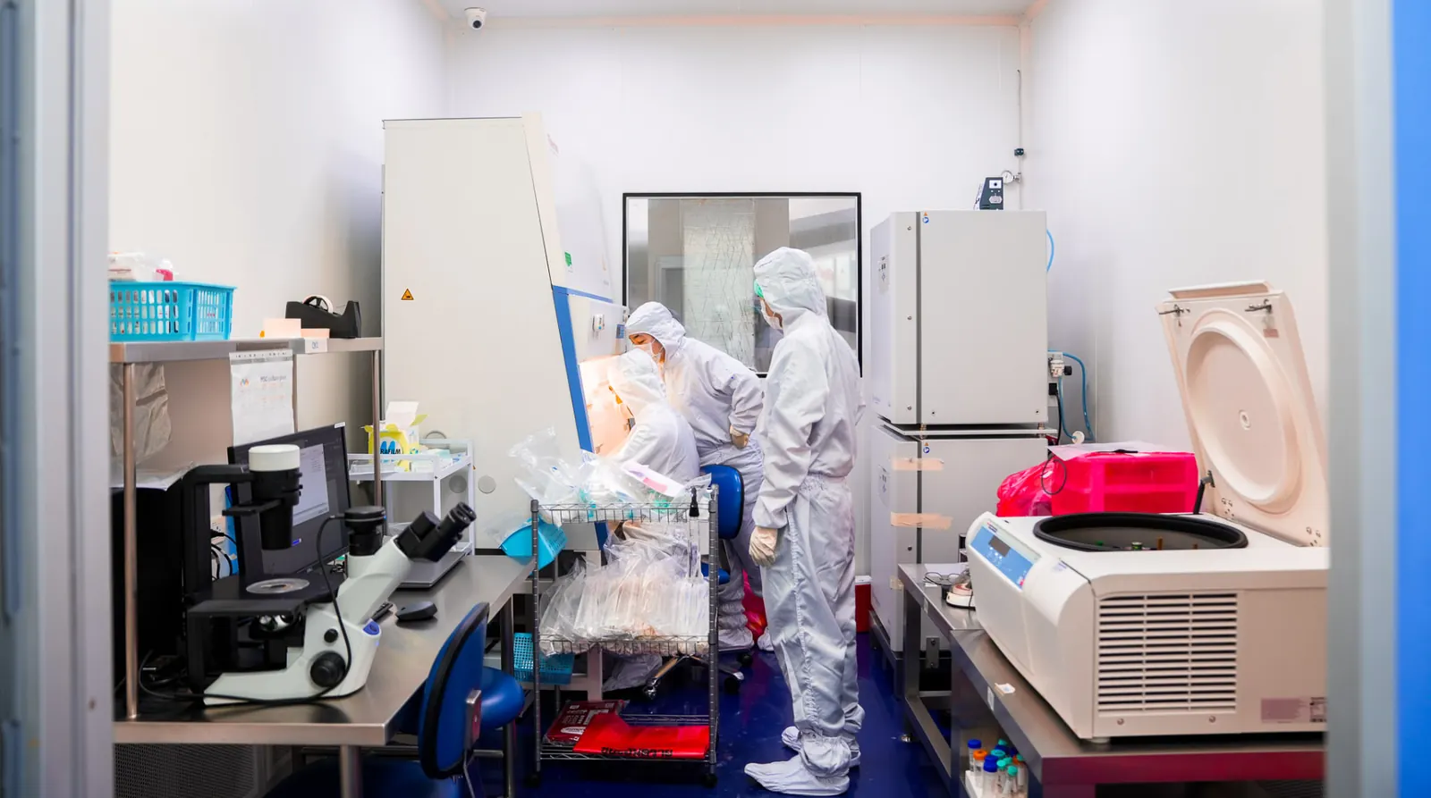 Laboratory team documenting cell culture work inside the GMP cleanroom at Bangkok Stem Cell Center